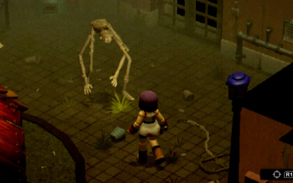 HD desktop wallpaper from the video game Crow Country, featuring a character facing a skeletal creature in a foggy urban setting.