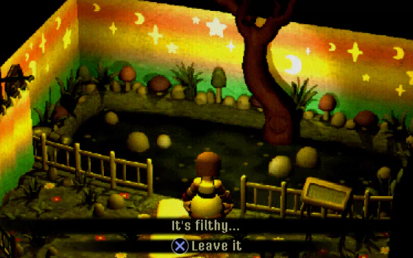 HD desktop wallpaper from the video game Crow Country depicting a scene with a character in a dimly lit room filled with mushrooms and a tree, complemented by starry wall art.