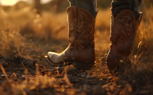 HD desktop wallpaper of cowboy boots in a sunset backdrop, emphasizing intricate designs and a warm, natural setting.
