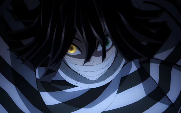 Obanai Iguro from Demon Slayer: Kimetsu no Yaiba in a dark, intense close-up, rendered in 4K Ultra HD for a vivid anime desktop wallpaper.