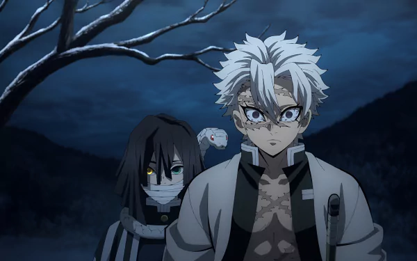 4K Ultra HD anime wallpaper featuring Obanai Iguro and Sanemi Shinazugawa from Demon Slayer: Kimetsu no Yaiba standing under a dark, moonlit sky.