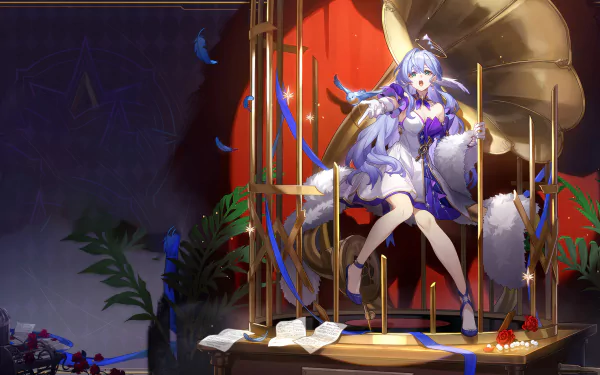 HD desktop wallpaper of Robin from Honkai: Star Rail, depicted sitting elegantly amidst a festive backdrop with lanterns and blue feathers.