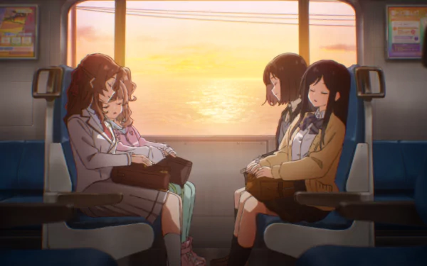 Anime scene of four girls sitting in a train, enjoying a sunset through the window, in a HD desktop wallpaper with a trapezium layout.