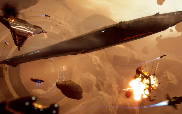 HD desktop wallpaper from Homeworld 3 featuring a dynamic space battle with spaceships and explosions in a nebulous environment.