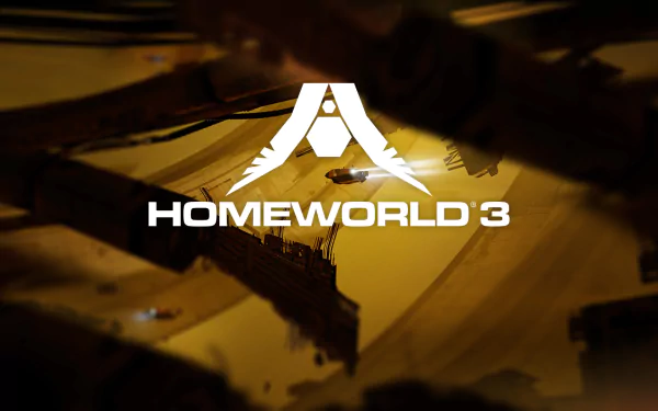 HD desktop wallpaper featuring the logo for Homeworld 3 set against a stylized spaceship design in golden tones.