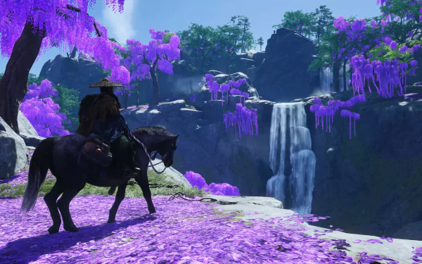 HD desktop wallpaper featuring a scene from the video game Ghost of Tsushima, with a samurai on horseback overlooking a waterfall surrounded by purple foliage.