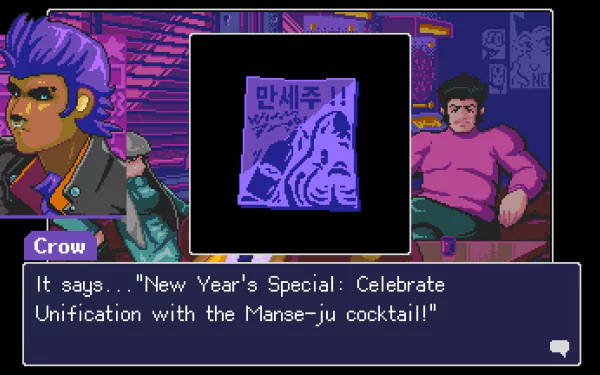 HD desktop wallpaper from Read Only Memories: NEURODIVER featuring characters Crow and a bartender in a vibrant, pixel-art bar scene.