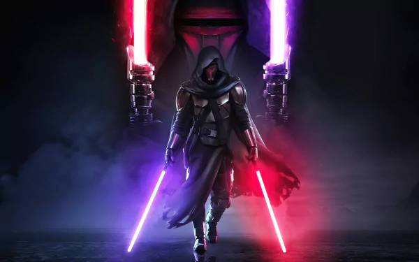 HD desktop wallpaper featuring Darth Revan from Star Wars: Knights of the Old Republic, wielding dual lightsabers in an intense, misty setting with a dark, dramatic background.