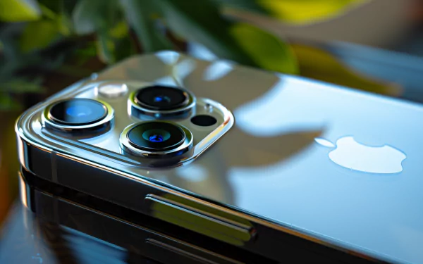 Close-up image of a sleek Apple iPhone resting on a surface, highlighting its camera lenses. The device's reflective surface showcases a minimalist design. HD wallpaper and background featuring modern technology.