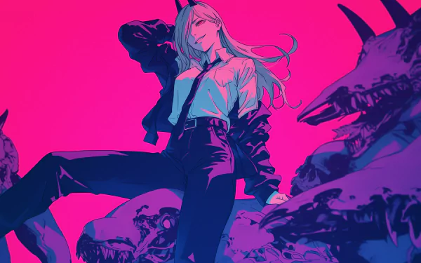 HD desktop wallpaper featuring Power from Chainsaw Man in an anime style. The vibrant pink and blue color scheme adds a dynamic feel to the image.