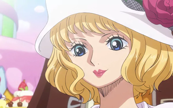 A vibrant HD desktop wallpaper featuring Stussy from One Piece, showcasing her signature blonde hair and stylish hat against a colorful, playful background.