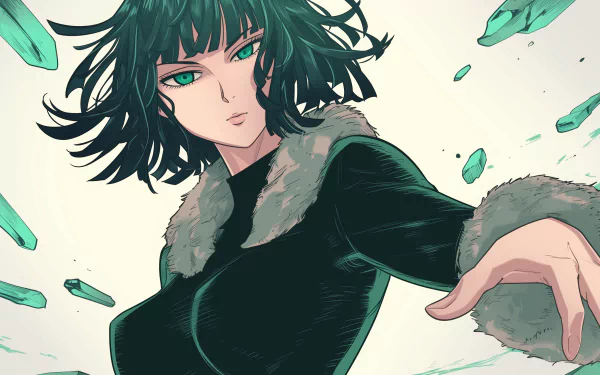 HD desktop wallpaper featuring Fubuki from the anime One-Punch Man, showcasing her with an intense expression, dark green hair, and emerald eyes, clad in her signature black outfit with a fur-trimmed collar and cuffs.
