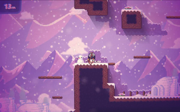 HD wallpaper of the video game Bread & Fred featuring a wintery mountain landscape with characters standing on a snowy platform. Pixelated art style with snowy background and igloos.