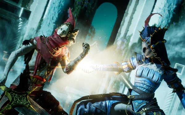 HD desktop wallpaper of the video game Enotria: The Last Song, depicting two characters in elaborate armor engaged in a dynamic battle scene with mystical energy.