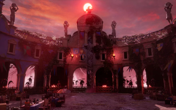 HD desktop wallpaper for the video game Enotria: The Last Song, featuring a dramatic courtyard scene with a glowing red sun casting eerie shadows and silhouetted figures.