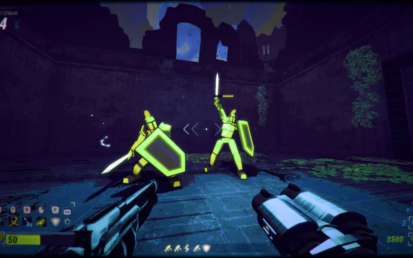HD desktop wallpaper featuring a scene from the video game Robobeat, showcasing two neon-colored robotic warriors armed with swords and shields in a dark, ruined environment.