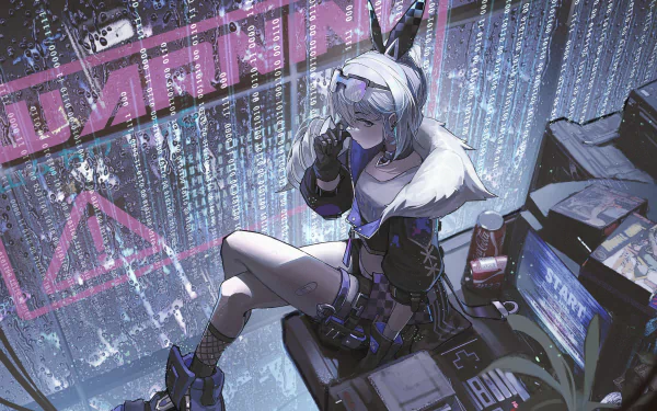HD PC desktop wallpaper featuring Silver Wolf from Honkai: Star Rail, depicted as a girl with silver hair in a futuristic, cyber-themed setting.