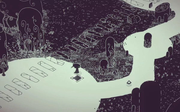 HD desktop wallpaper and background inspired by the video game Hauntii. The monochrome image features an eerie, stylized landscape with winding paths and abstract structures.