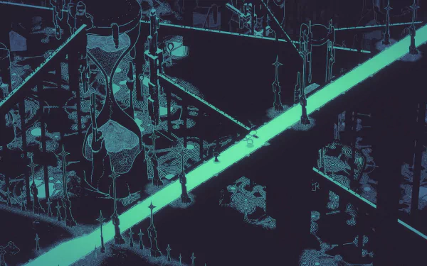 Hauntii HD desktop wallpaper featuring a thematic, dark-hued scene with bright pathways and intricate, abstract structures.