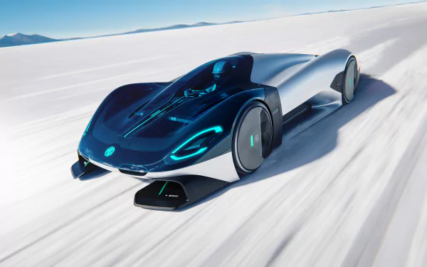 HD desktop wallpaper featuring the sleek and futuristic MG EXE181 car, racing across a vast, snowy landscape under a clear blue sky.