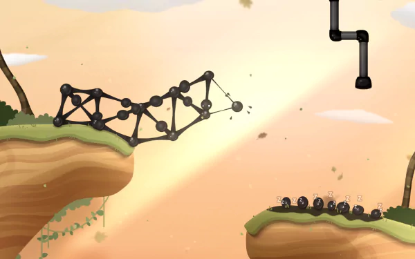An HD desktop wallpaper background showing a scene from the video game World of Goo 2, featuring a structure of black goo balls bridging two cliffs against a warm sunset sky.