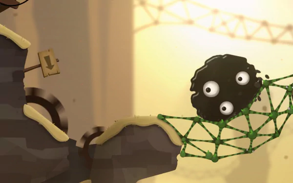 HD desktop wallpaper from the video game World of Goo 2, depicting a goo ball navigating a bridge made of green structures against a softly lit background.