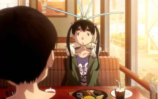 HD desktop wallpaper from the anime Dead Dead Demon's Dededede Destruction, depicting two characters sitting at a restaurant table, one with a surprised expression and antenna-like headgear.