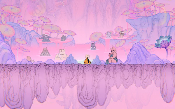 HD desktop wallpaper featuring art from the video game 'Nine Sols', showcasing a whimsical landscape with floating islands and mystical creatures in a pink and purple color palette.