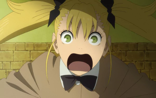 HD desktop wallpaper featuring Kikoru Shinomiya from the anime Kaiju No. 8, with a surprised expression set against a brick wall background.