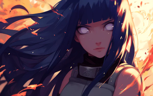 HD wallpaper of Hinata Hyuga from Naruto, showcasing her Byakugan. Her long blue hair flows into the background, which features fiery elements, emphasizing a dramatic and intense atmosphere.