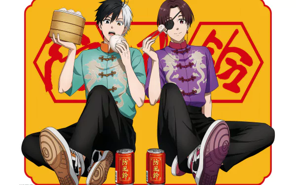 Anime-style HD desktop wallpaper featuring Wind Breaker characters Haruka Sakura and Hayato Suou dressed in traditional Chinese attire, enjoying a meal together.