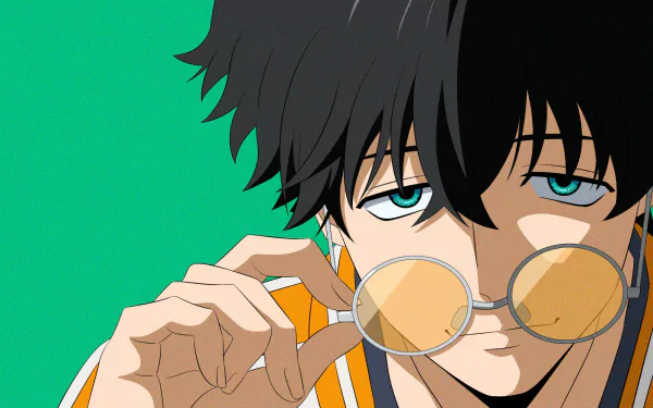 Anime-style HD PC desktop wallpaper featuring Jou Togame from Wind Breaker, showcasing his black hair, blue eyes, and round yellow-tinted glasses against a green background.