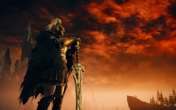 HD desktop wallpaper of Elden Ring: Shadow of the Erdtree, featuring a warrior with a large sword standing against a fiery sky.
