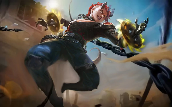 HD desktop wallpaper of Dyrroth from Mobile Legends: Bang Bang, featuring dynamic action and vibrant details, set in a video game environment.