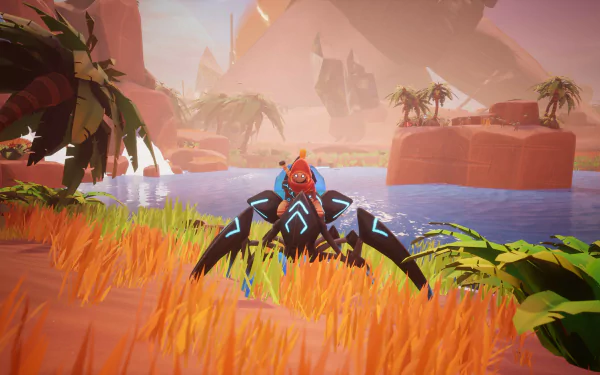 HD desktop wallpaper from the video game Astor: Blade of the Monolith, showing a character riding a futuristic creature in a vibrant, tropical setting with a river, palm trees, and mountains in the background.