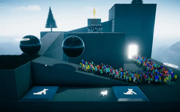 A HD desktop wallpaper featuring a scene from the video game Humanity (2024). The image shows a crowd of colorful figures navigating geometric structures under a bright sky.