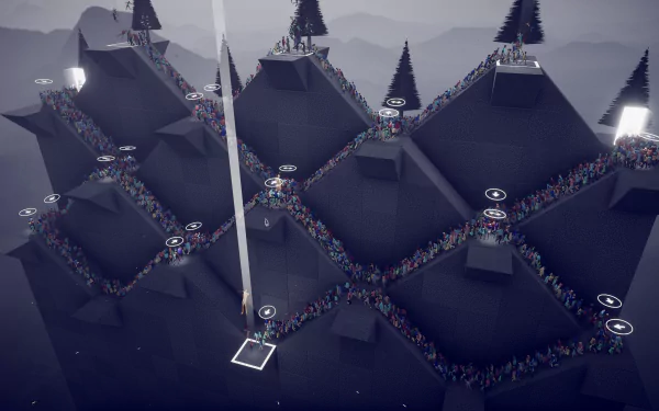 HD desktop wallpaper from the video game Humanity (2024), featuring intricate pathways filled with tiny figures navigating a mountainous terrain, under a misty, picturesque sky.