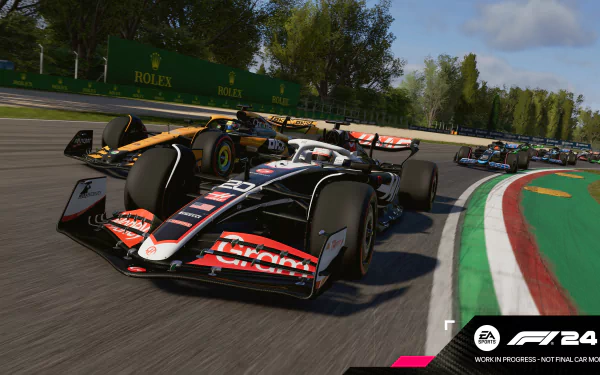 HD desktop wallpaper of a high-speed race from the video game F1 24, showcasing detailed Formula 1 cars on a vibrant track with lush greenery in the background.