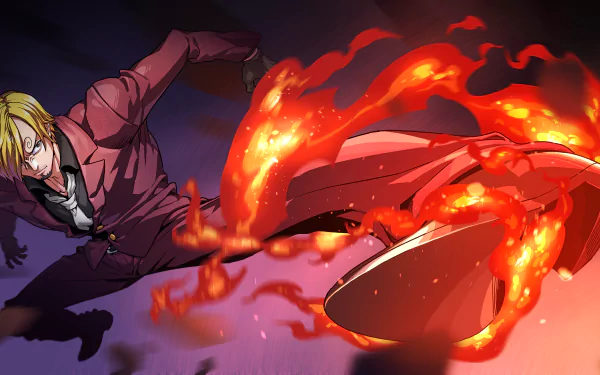 Anime One Piece: Sanji in a 4K Ultra HD PC desktop wallpaper, launching a fiery leg kick with flames trailing, wearing a purple suit against a dramatic shadowed background.