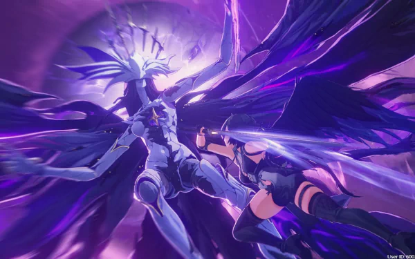 Rover from Wuthering Waves — female protagonist in Havoc stance battling a shadowy Wings of Death entity amid purple energy; HD desktop wallpaper, dramatic motion and glowing wings.