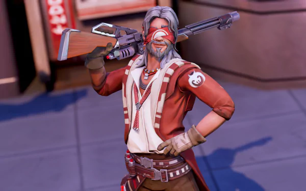 HD desktop wallpaper featuring a character from the video game Star Wars: Hunters, showcasing a confident warrior with a blaster rifle and an eyepatch, standing in an urban environment.