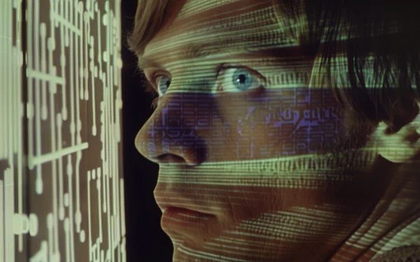 HD wallpaper featuring Mark Hamill as Luke Skywalker from Star Wars, with a close-up view and digital projections on his face, creating a futuristic and iconic cinematic background.