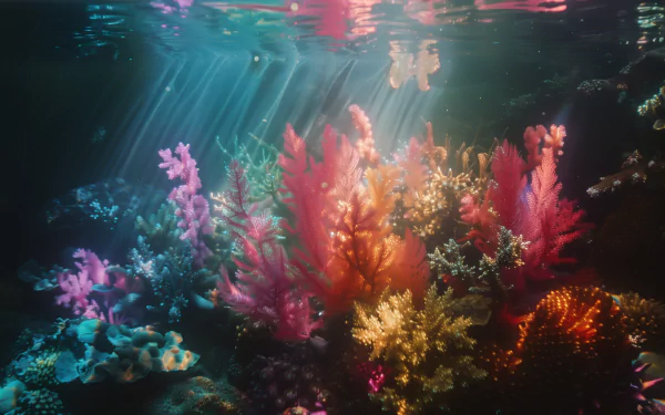 HD desktop wallpaper showing a vibrant underwater reef with colorful coral and diverse sea life, bathed in ethereal sunlight from above.