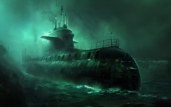 A high-definition image of a military submarine navigating through a turbulent ocean, suitable as a desktop wallpaper or background.