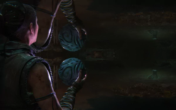 A high-definition desktop wallpaper from Senua's Saga: Hellblade II featuring Senua holding mysterious, glowing orbs against a dark, mystical backdrop.