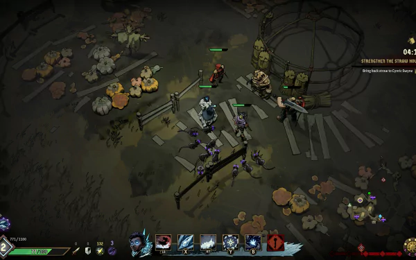 HD desktop wallpaper of the video game Ravenswatch, featuring in-game characters in a dark, eerie environment with pumpkins and wooden structures scattered around.