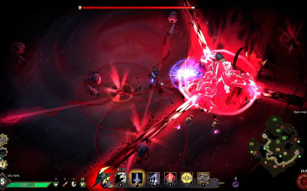 An intense battle scene from the video game Ravenswatch, depicted as a high-definition desktop wallpaper and background, featuring vibrant red energy and intricate character details.