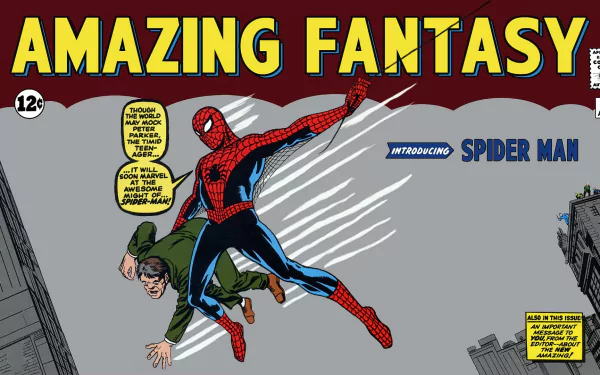 HD PC desktop wallpaper: Spider-Man swinging from the classic Amazing Fantasy cover — Steve Ditko–era Marvel Comics artwork.