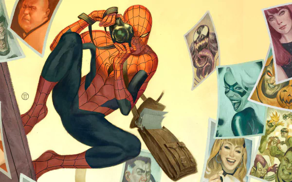 HD PC desktop wallpaper featuring Spider-Man in action, illustrated by Julian Totino, surrounded by various comic character portraits.