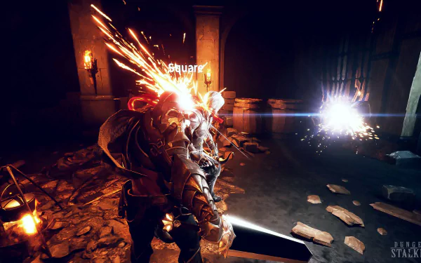 A high-definition desktop wallpaper and background from the video game Dungeon Stalkers, depicting an intense combat scene with bright sparks and dynamic lighting in a dark, dungeon-like environment.